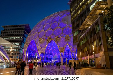 Dubai, United Arab Emirates - February 14, 2022: Al Wasl Plaza dome roof illuminated at night with a light show with an opening at the Dubai EXPO 2020 in the UAE the center of the event