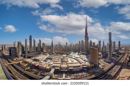 Dubai, United Arab Emirates - February 05, 2022: 2022 Panoramic View Of Dubai Downtown And Burj Khalifa Day Time 