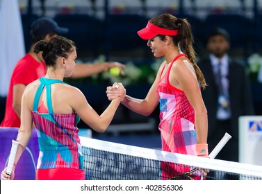 DUBAI, UNITED ARAB EMIRATES - FEBRUARY 17 : Ana Ivanovic And Simona Halep At The 2016 Dubai Duty Free Tennis Championships