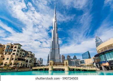 Dubai, United Arab Emirates - February 6 - View Of Burj Khalifa On A Beautiful Day With Sun Reflection On February 6, 2017.