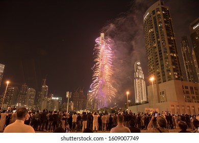 Dubai, United Arab Emirates - Jan 1, 2020: Burj Khalifa New Year's Fireworks Show.