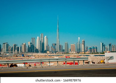 Dubai, United Arab Emirates - January 2020: Dubai's skyscrapers. Big city life. Burj Kalifa and another very big skyline. 