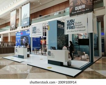 Dubai, United Arab Emirates - July 16, 2021: Dubai Airport Free Zone (DAFZA) marketing booth at a global trade fair in the Gulf city. Established in 1996, DAFZA contributes 4.7% of Dubai's GDP.