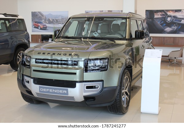 Dubai, United Arab Emirates -\
July 5, 2020: New 2020 Land Rover Defender 110, 3.0L SUV, 8-speed\
automatic, Launch Edition trim, costing US$85,870 (excluding\
tax).