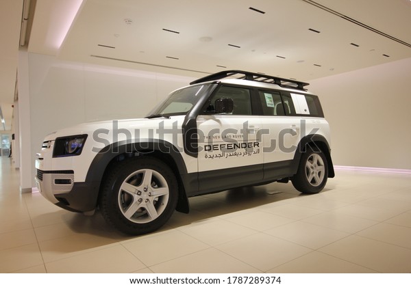 Dubai, United Arab Emirates - July 5, 2020: New 2020\
Land Rover Defender 110, SE trim, 8-speed automatic SUV.\
(US$70,243-US$77,762) excludes\
tax.