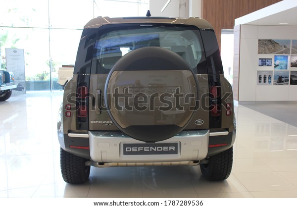 Dubai, United Arab Emirates - July 5, 2020: New 2020\
Land Rover Defender 110, SE trim, 8-speed automatic SUV.\
(US$70,243-US$77,762) excludes\
tax.