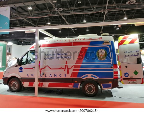 Dubai, United Arab Emirates - July 14, 2021:\
Customized ambulance vehicle for paramedics equipped with advanced\
medical and life saving\
equipment.