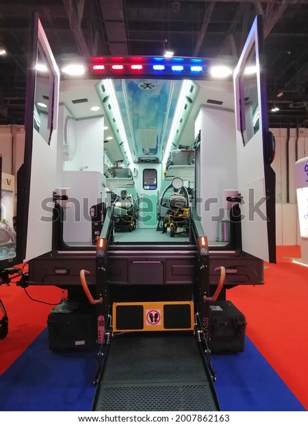 Dubai, United Arab Emirates - July 14, 2021:\
Customized ambulance vehicle for paramedics equipped with advanced\
medical and life saving\
equipment.
