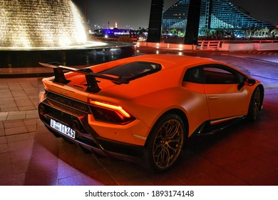 Dubai, United Arab Emirates, Jun 8 2018, Orange Lamborghini Huracan SV at the Burj Al Arab Hotel