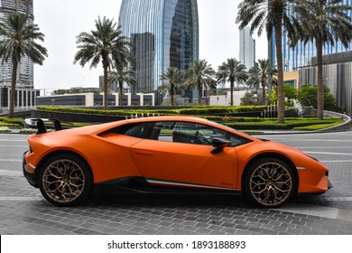 Dubai, United Arab Emirates, Jun 8, 2018, Orange Lamborghini Huracan SV Sports car