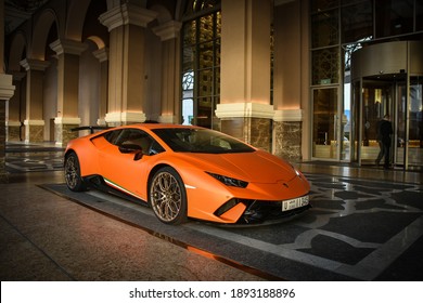 Dubai, United Arab Emirates, Jun 8, 2018, Orange Lamborghini Huracan SV Sports car