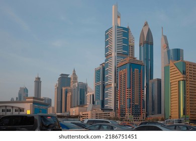 Dubai, United Arab Emirates - June 4, 2017: Tall And Modern Apartment And Office Buildings Along Sheikh Zayed Road From A Carpark In Al Wasl District. Urban Day Scene, Background, And Copy Space.