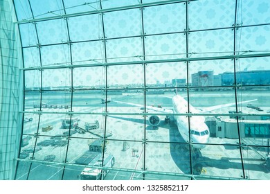 Dubai, United Arab Emirates - June,16,2018 : airport outside the window scene,waiting for the flight