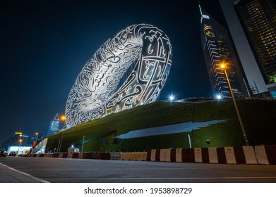 Dubai, United Arab Emirates - March 31, 2021: The Museum of The Future in Dubai downtown built for EXPO 2020 scheduled to be held in 2021 in the United Arab Emirates illuminated at night