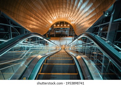 Dubai, United Arab Emirates - March 31, 2021: Dubai metro station interior at Downtown Dubai exiting at Sheikh Zayed road south in the UAE at night