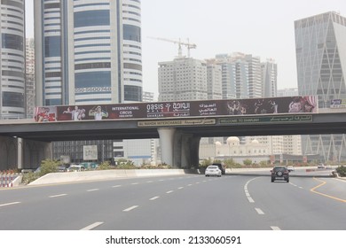 Dubai, United Arab Emirates - March 7, 2022: Outdoor Advertising Panel (horizontal Banner) Over A Highway In Dubai City. Out Of Home Advertising Concept.