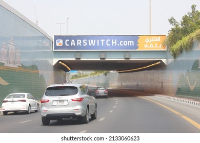 Dubai, United Arab Emirates - March 7, 2022: Outdoor Advertising Panel (horizontal Banner) Over A Highway In Dubai City. Out Of Home Advertising Concept.