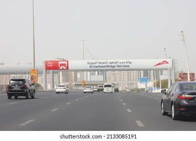 Dubai, United Arab Emirates - March 7, 2022: Toll gate of Dubai Roads and Transport Authority (RTA) on a highway in Dubai city. Motorists autonomously pay AED4 every time they pass the toll gate.