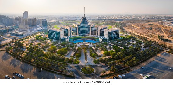 Dubai, United Arab Emirates - May 5, 2021: Panoramic view of Dubai Silicon Oasis technology park, residential area and free zone in Dubai emirate suburbs at United Arab Emirates aerial view