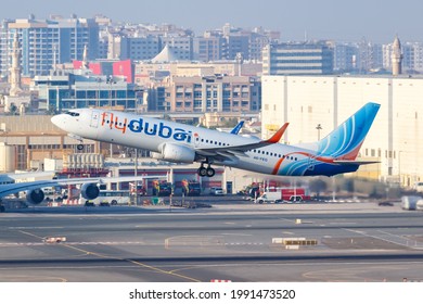Dubai, United Arab Emirates - May 27, 2021: FlyDubai Boeing 737-800 airplane at Dubai airport (DXB) in the United Arab Emirates.