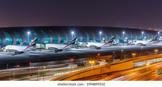 Dubai, United Arab Emirates - May 27, 2021: Emirates Airbus A380 airplanes at Dubai airport (DXB) in the United Arab Emirates.