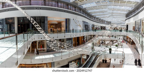 Dubai, United Arab Emirates - May 27, 2021: Dubai Mall Fashion Avenue Luxury Shopping Center panorama in Dubai, United Arab Emirates.