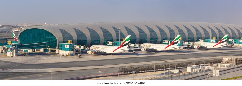 Dubai, United Arab Emirates - May 27, 2021: Emirates Airbus A380 airplanes panorama at Dubai airport (DXB) in the United Arab Emirates.