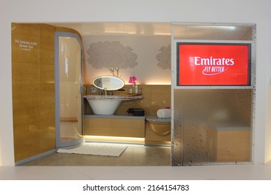 Dubai, United Arab Emirates - May 9, 2022: Emirates Airline's Exclusive Airbus A380 Shower Spa (used At 40,000ft) On Display At 'Arabian Travel Market 2022' International Trade Show.