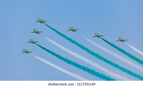 Dubai, United Arab Emirates - November 16, 2021: The Royal Saudi Air Force Hawks Perform An Aerial Display At The Dubai Airshow. 