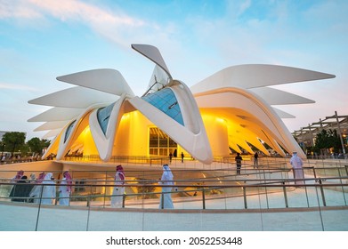 Dubai, United Arab Emirates - October 3, 2020: The UAE, United Arab Emirates Pavilion at the Dubai EXPO 2020 in the UAE with a falcon shape that can open its wings at sunset