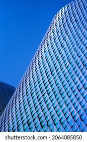 Dubai, United Arab Emirates, October 2021-Colorful Minimalistic Exterior Of Scaled Pattern Building