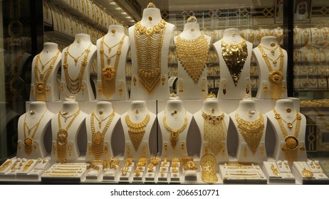 Dubai, United Arab Emirates, October, 20, 2021: Jollerias in the bazaar and gold market of the old part of Dubai in United Arab Emirates