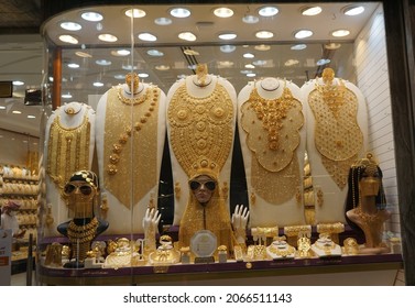 Dubai, United Arab Emirates, October, 20, 2021: Jollerias in the bazaar and gold market of the old part of Dubai in United Arab Emirates