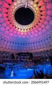 Dubai, United Arab Emirates - October 3, 2020: Al Wasl Plaza dome roof illuminated at night with a light show with an opening at the Dubai EXPO 2020 in the United Arab Emirates the center of the event
