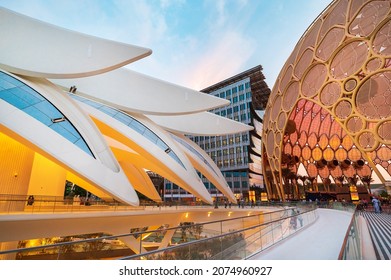 Dubai, United Arab Emirates - October 3, 2020: The UAE, United Arab Emirates Pavilion and the Al Wasl Plaza at the Dubai EXPO 2020 in the UAE with