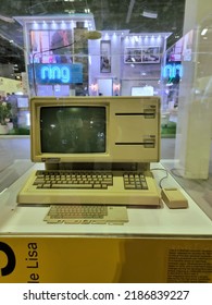 Dubai, United Arab Emirates- October 21, 2021: Apple Kiosk At Gitex Technology Week Showing Different Generations Of Apple Devices Launched From Classic Era Of 70's To The 2021, 45 Years Of Progress