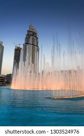 Dubai, United Arab Emirates-02-24-2018: Water and light show at the well known The Dubai Fountains at the Dubai Mall.
