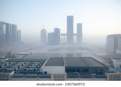 Dubai world trade center skyline with mist