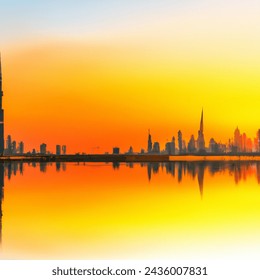 Dubais Iconic Skyline Transitioning Morning Sunset Ai Generated Image Dubais Iconic Skyline Transitioning Morning Sunset Ai Generated Image