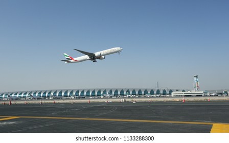 Dubai,UAE 07-10-2014. A Flight Taking Off From The Runway, Dubai Airport.