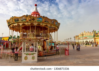 Dubai,UAE / 11. 06. : 2018 colorful decorated carousel merry go round in the global village