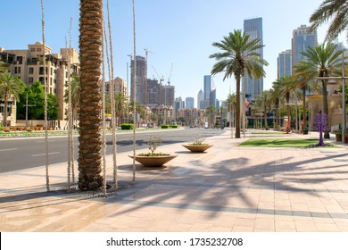 Dubai/UAE - May 12, 2020: Beautiful Dubai street in downtown district. Sheikh Mohammed Bin Rashid Boulevard. 