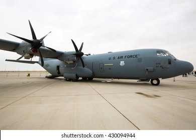 DUBAI,UAE - NOVEMBER 10, 2015: US Air Force C-130 Super Hercules at Dubai Airshow 2015. Military airplane. US Army. C-130 Hercules. 