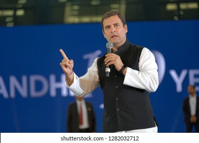 Dubai,UAE-01-11-2019:Rahul Gandhi addressing the crowd at the Dubai Cricket Stadium which was packed with nearly 25000 people.