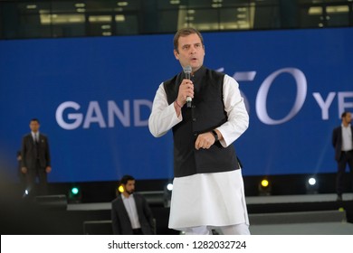 Dubai,UAE-01-11-2019:Rahul Gandhi Addressing The Crowd At The Dubai Cricket Stadium Which Was Packed With Nearly 25000 People.