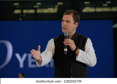 Dubai,UAE-01-11-2019:Rahul Gandhi Addressing The Crowd At The Dubai Cricket Stadium Which Was Packed With Nearly 25000 People.