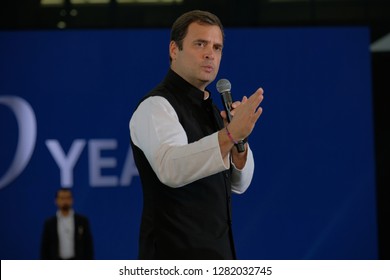 Dubai,UAE-01-11-2019:Rahul Gandhi Addressing The Crowd At The Dubai Cricket Stadium Which Was Packed With Nearly 25000 People.