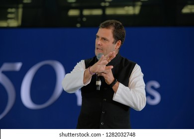 Dubai,UAE-01-11-2019:Rahul Gandhi Addressing The Crowd At The Dubai Cricket Stadium Which Was Packed With Nearly 25000 People.