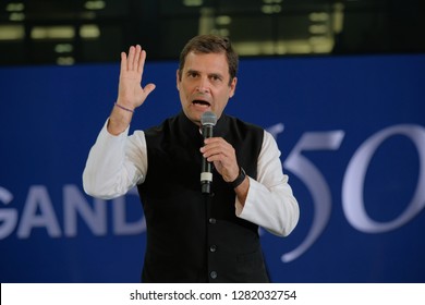 Dubai,UAE-01-11-2019:Rahul Gandhi Addressing The Crowd At The Dubai Cricket Stadium Which Was Packed With Nearly 25000 People.