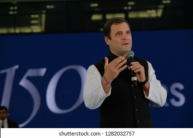Dubai,UAE-01-11-2019:Rahul Gandhi addressing the crowd at the Dubai Cricket Stadium which was packed with nearly 25000 people.